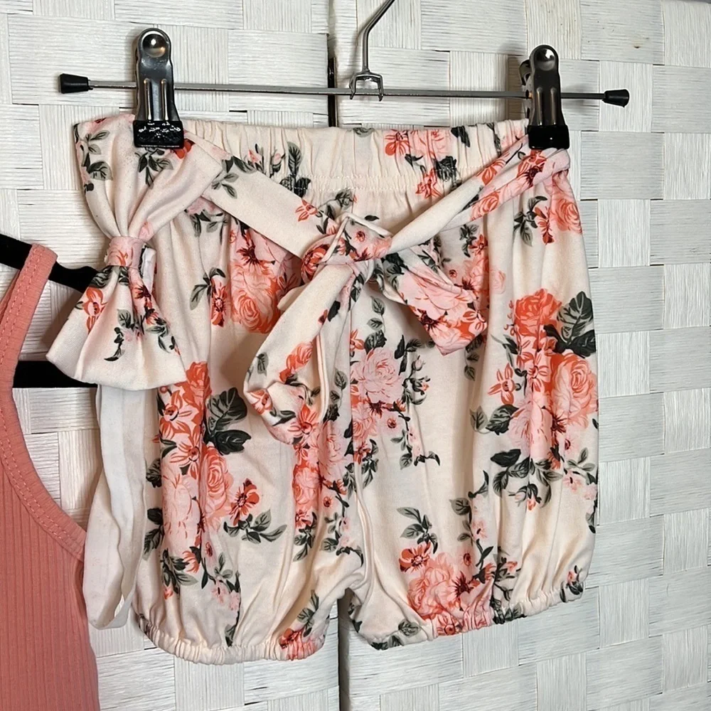 PINK floral 3 pcs baby shorts set Ruffle tank top